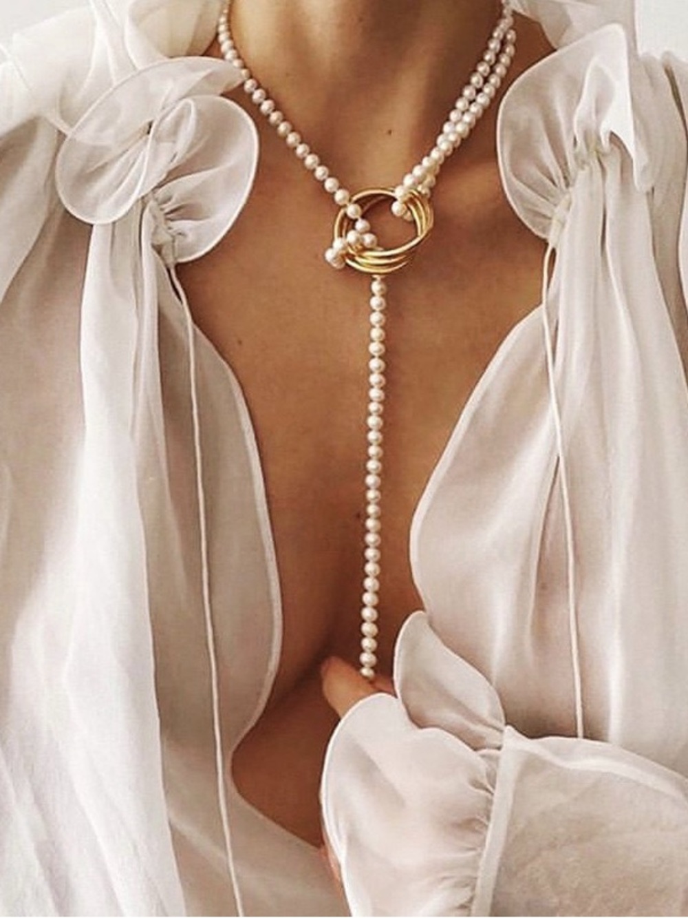 Long Pearl Lariat Necklace with Gold Ring Accent